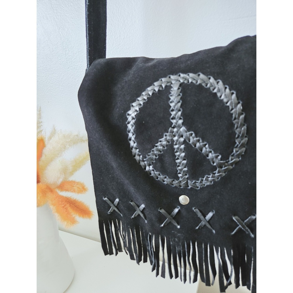 Dream Apparel Black Suede Leather Biker Bag Peace Sign Boho Crossbody Fringe